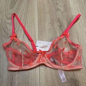 NWT Savage Fenty Foiled Sprigs Neon Hot Pink Sheer Embroidered‎ Unlined Bra 36C